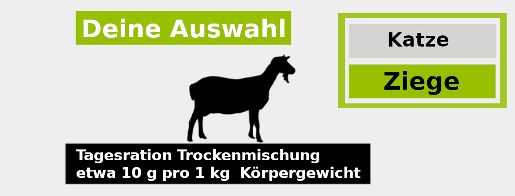 Du hast dich für Katze Trocken Barf Ziege entschieden, hier wählst du die Größe