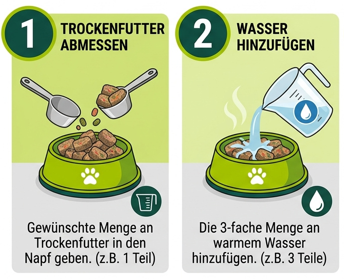 So einfach funktioniert Trockenbarf zum Einweichen: Mit warmem Wasser aufgießen, quellen lassen und servieren Pfotenstrolch Trockenbarf zum Einweichen – Die gesunde und praktische BARF-Alternative für jeden Tag