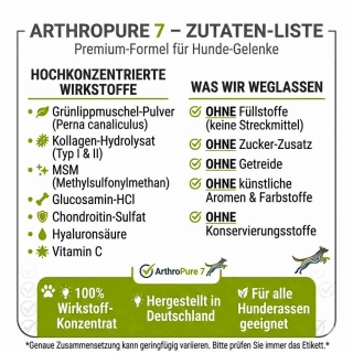 Hochkonzentrierte Wirkstoffe wie Kollagen, MSM und Grünlippmuschel für gesunde Hundegelenke.