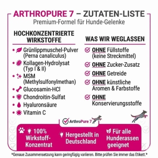 Hochkonzentrierte Wirkstoffe wie Kollagen, MSM und Grünlippmuschel für gesunde Hundegelenke.