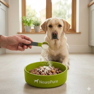 Anwendung von NeuroPure 9 Beruhigungspulver: Einfache Dosierung über das Hundefutter für mehr Gelassenheit im Alltag.