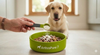 Einfache Anwendung: ArthroPure 7 Gelenk-Konzentrat wird über das Hundefutter gestreut.