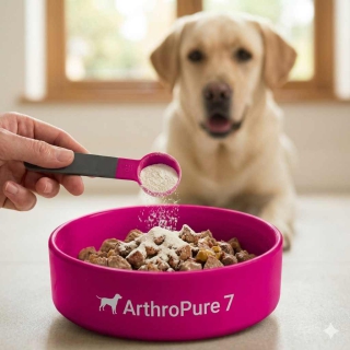 Einfache Anwendung: ArthroPure 7 Gelenk-Konzentrat wird über das Hundefutter gestreut.