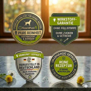 Qualitätssiegel für NeuroPure 9: 10:1 Extrakt-Power, 10-mal konzentrierter als herkömmliche Kräuterpulver für Hunde.